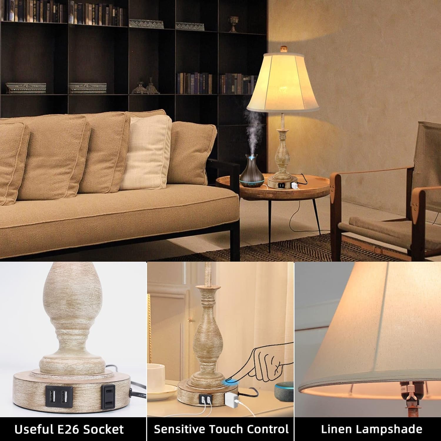 Farmhouse Table Lamp Touch Control 3-Way Dimmable Table Lamp, Modern Nightstand Lamp with 2 USB Port Bedside Desk Lamp with Fabric Shade for Living Room Bedroom Hotel (Pack 1-Beige Shade)