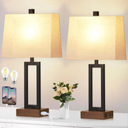 Table Lamp for Bedroom Set of 2 with 2 USB Ports and AC Power Outlet, 23.5" Modern Bedside Lamp, Wood Nightstand Lamp with Linen Shade for Living Room Hotel Desk(Led Bulb Included)