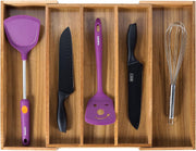 Expandable acacia kitchen drawer organizer with smooth surface and adjustable compartments for utensils and silverware storage