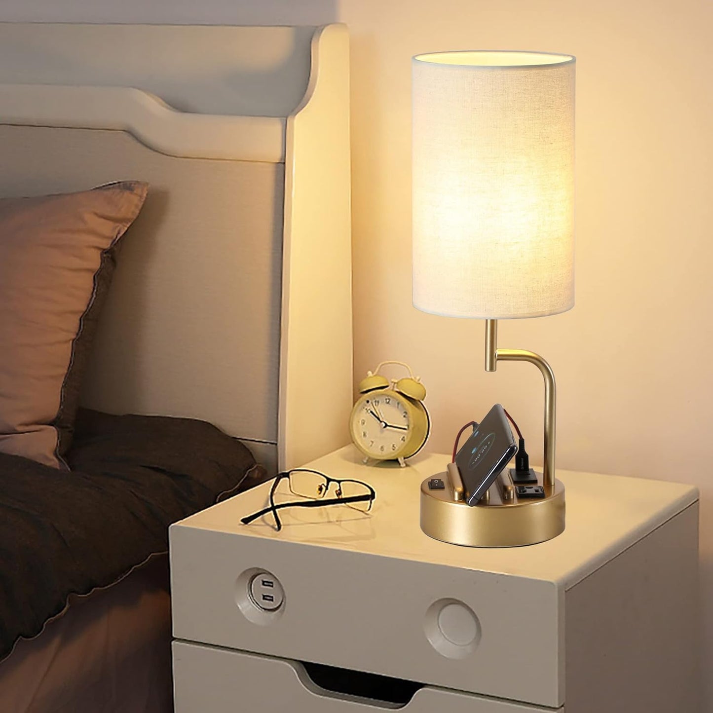 Table Lamp with 3 USB Charging Ports, Modern Desk Lamp with AC Outlet and Phone Stands, Perfect Bedside Lamp for Bedroom, Living Room, Office (Pack of 2), Gold