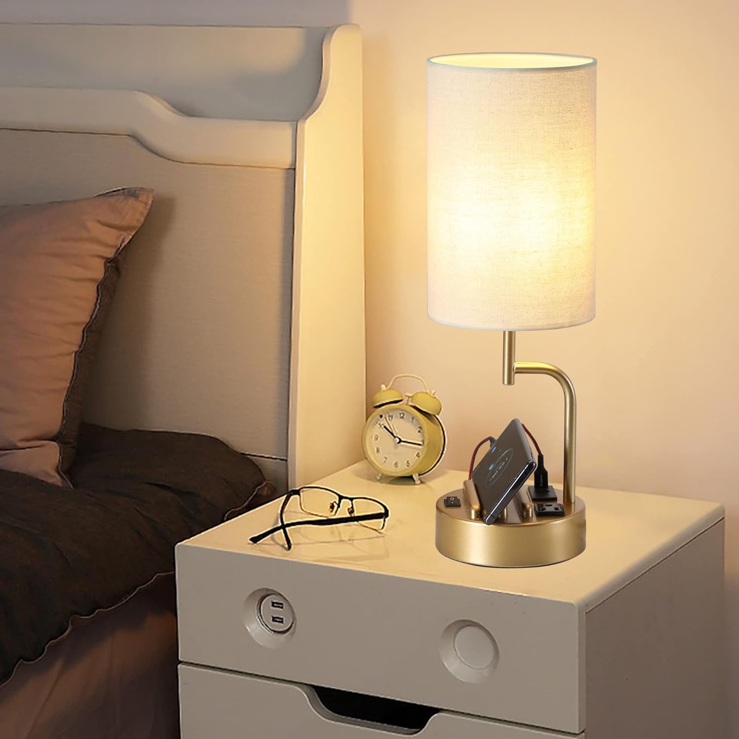 Table Lamp with 3 USB Charging Ports, Modern Desk Lamp with AC Outlet and Phone Stands, Perfect Bedside Lamp for Bedroom, Living Room, Office (Pack of 2), Gold