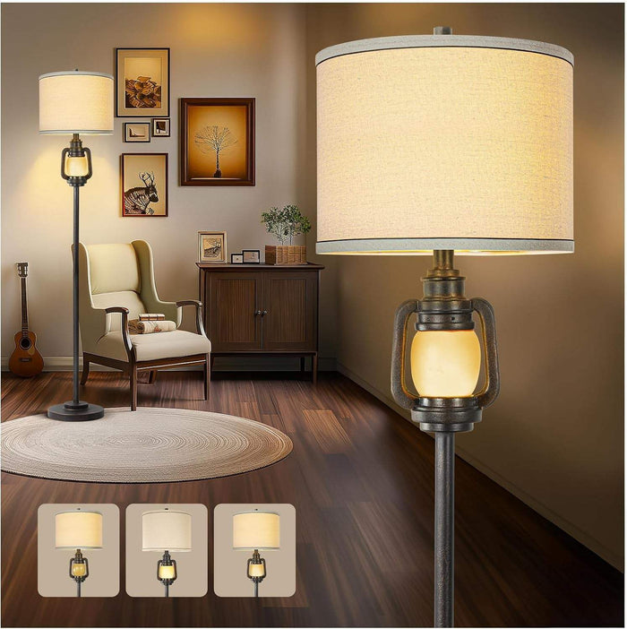 Vintage floor lamp 63.5-inch with linen shade and 4-way switch, featuring top light and soft night light in a farmhouse style