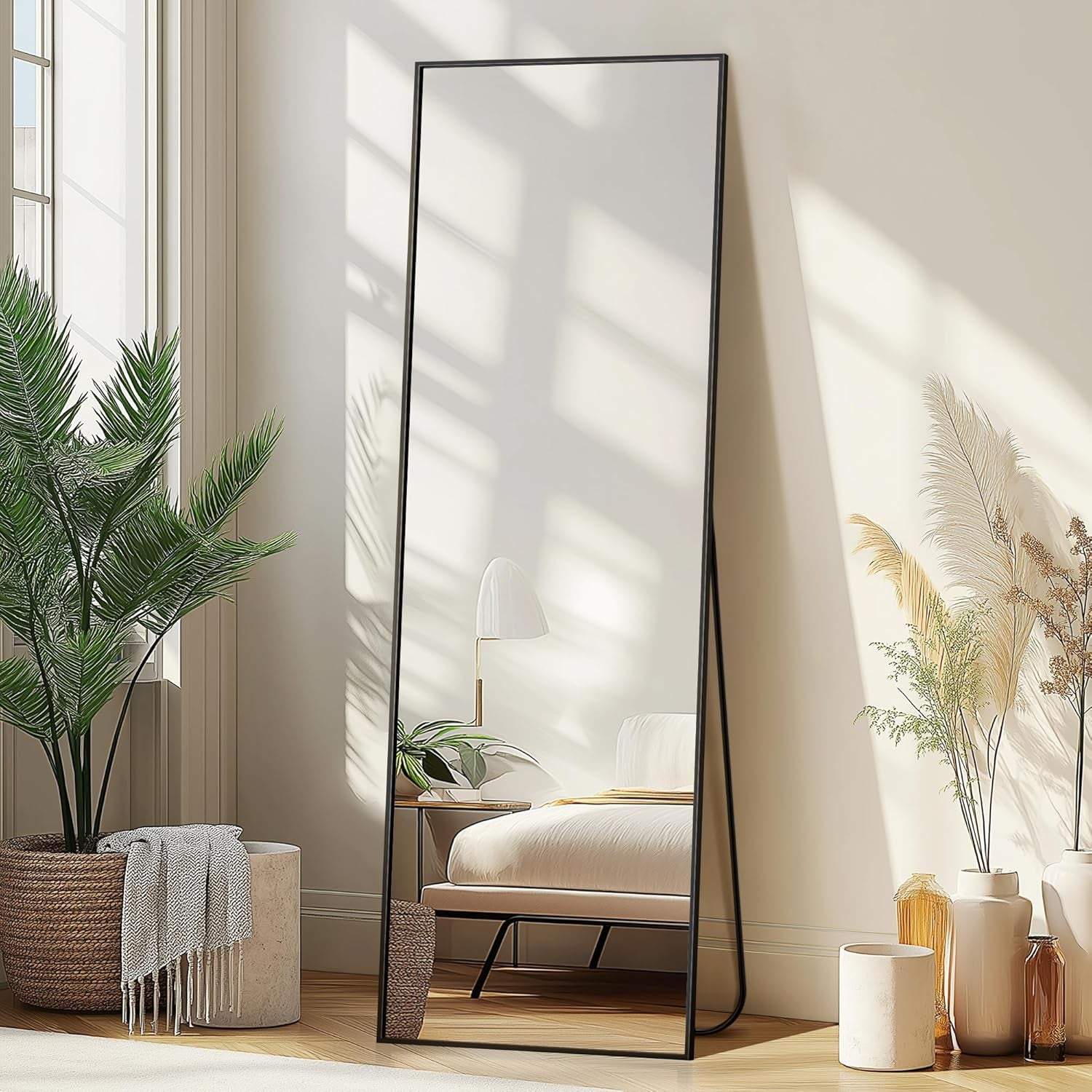 Wall Full Length Mirror,Standing Mirror Full Body,Large Floor for Wall Door Bedroom Bathroom Living Room with Aluminium Frame(With Stand,56X15-Black)