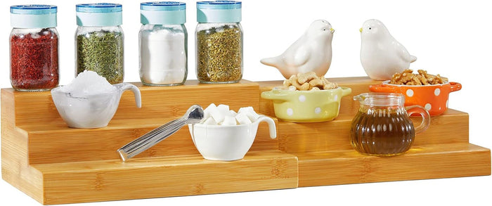 Bamboo Expandable Spice Rack Organizer 3-Tier Adjustable Kitchen Cabinet Shelf