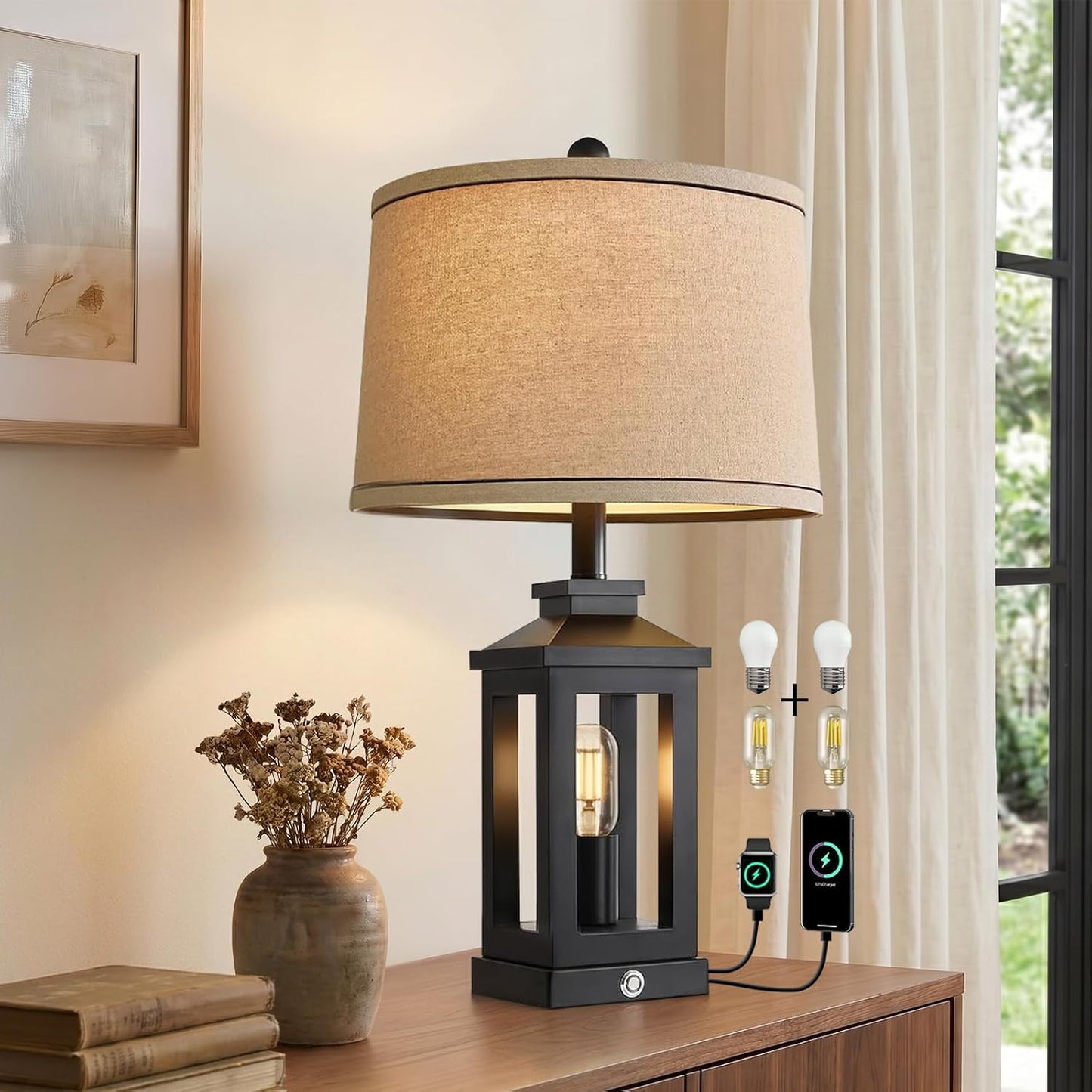 23.75" Retro Farmhouse Black Table Lamp for Living Room Bedroom Nightstand Single Pack Touch Control Bedside Nightlight Vintage Modern Lamp with USB C+A Ports and 2 Light Sources