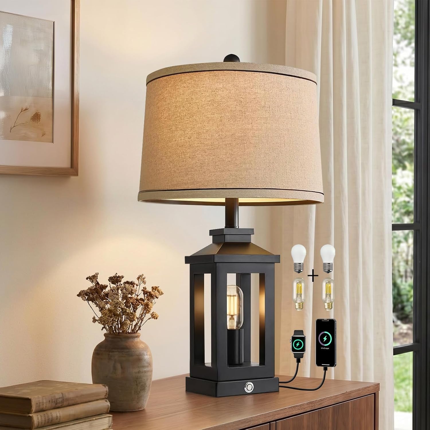 23.75" Retro Farmhouse Black Table Lamp for Living Room Bedroom Nightstand Single Pack Touch Control Bedside Nightlight Vintage Modern Lamp with USB C+A Ports and 2 Light Sources