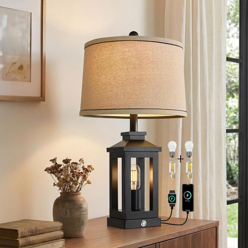 23.75" Retro Farmhouse Black Table Lamp for Living Room Bedroom Nightstand Single Pack Touch Control Bedside Nightlight Vintage Modern Lamp with USB C+A Ports and 2 Light Sources