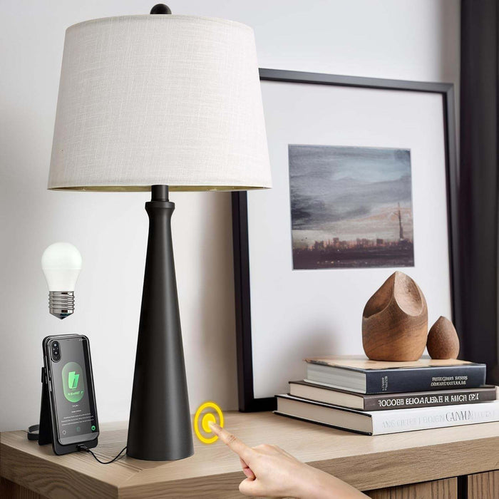 Modern black 25.75-inch table lamp for living room with fabric shade, 3-way dimmable touch control, USB charging port, and included bulb
