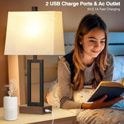 Table Lamp for Bedroom Set of 2 with 2 USB Ports and AC Power Outlet, 23.5" Modern Bedside Lamp, Wood Nightstand Lamp with Linen Shade for Living Room Hotel Desk(Led Bulb Included)