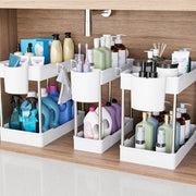 3 Pack under Sink Organizer Bathroom and Storage Cabinet (White) | 2 Tier with Hanging Cups for Kitchen