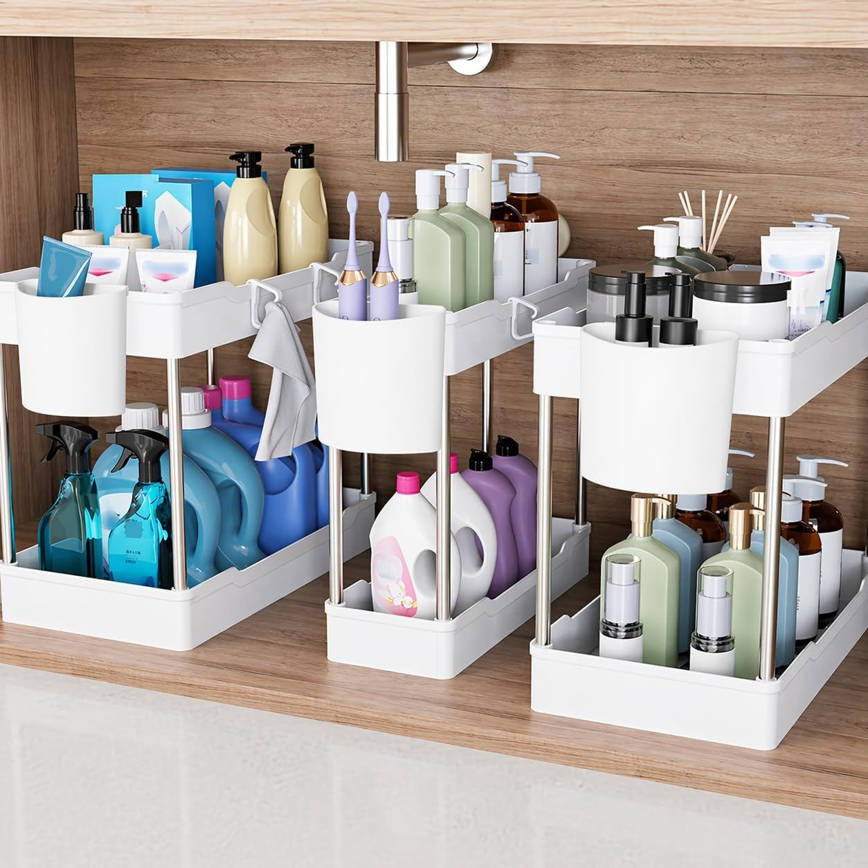 3 pack white under sink organizer with 2-tier shelves and hanging cups for kitchen and bathroom storage
