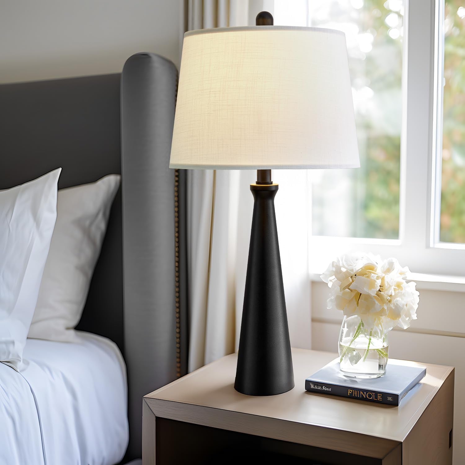 25.75" Table Lamps for Living Room, Bedside Lamp 3-Way Dimmable Touch Control, Modern Black Nightstand Lamp with Fabric Shade, Vintage Table Lamp for Bedroom, Bulb Included