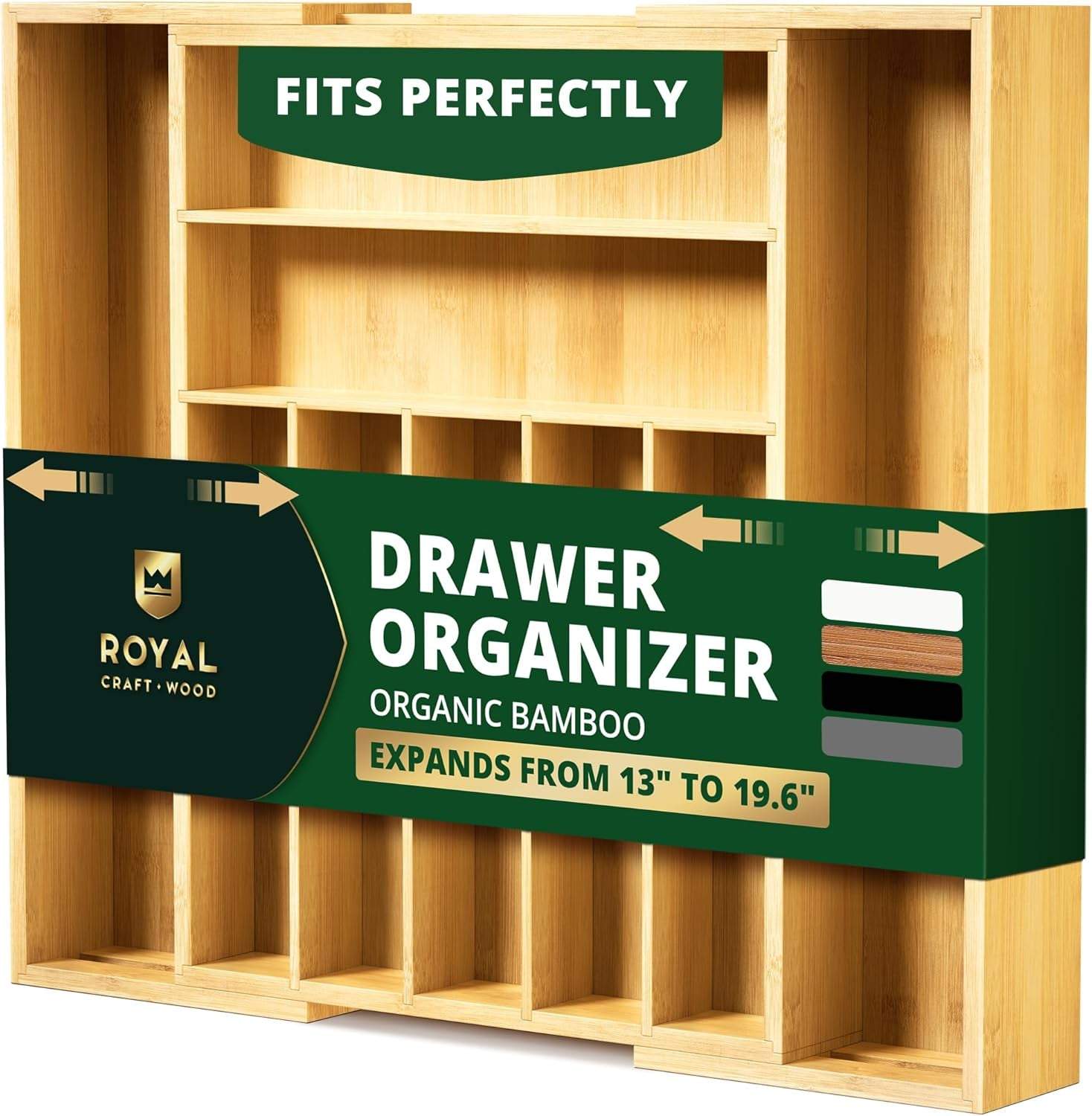 Expandable luxury bamboo kitchen drawer organizer with 9 slots for silverware and utensils