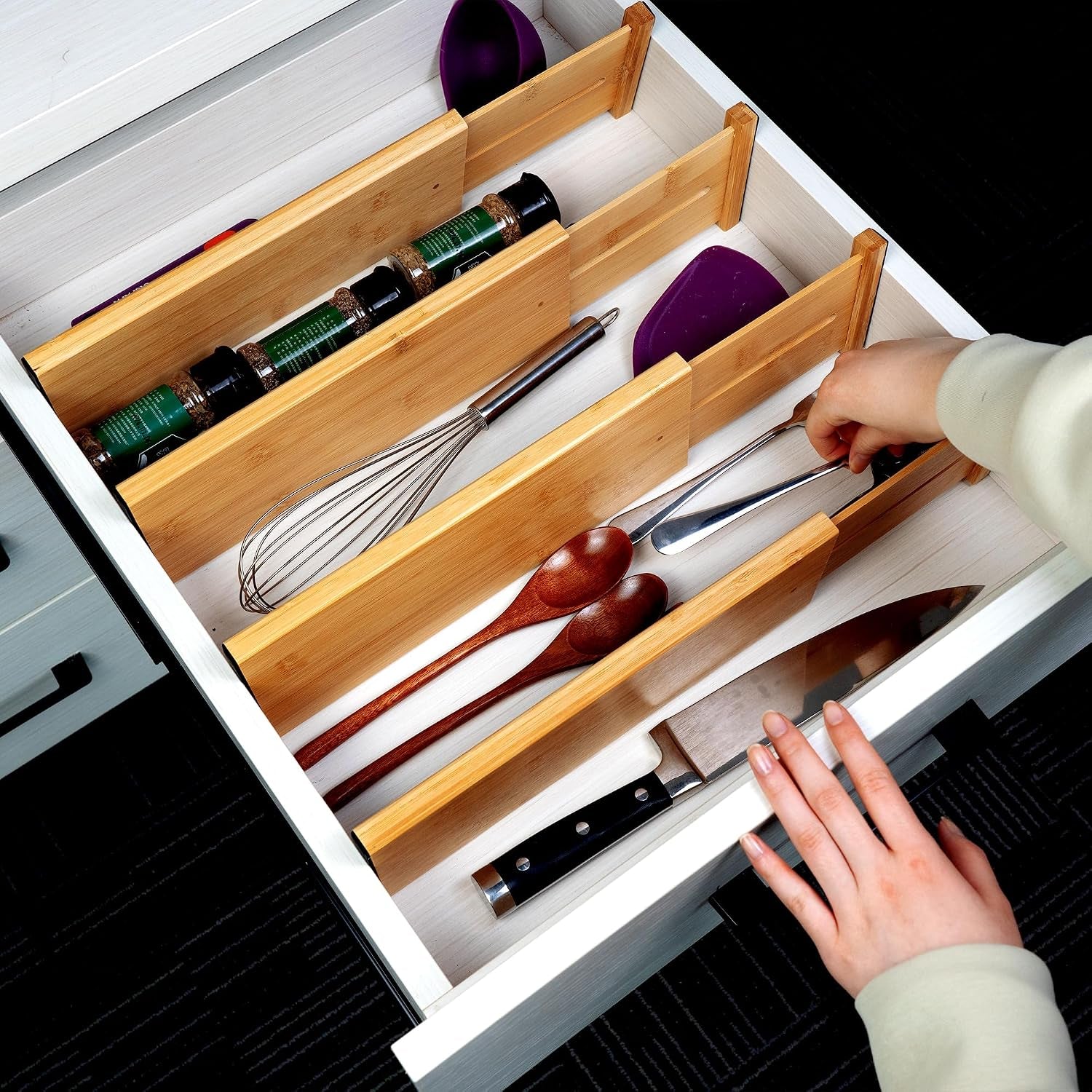 Bamboo Dresser Drawer Dividers, 4'' High Adjustable Drawer Organizers for Clothing, Spring Loaded, Works in Kitchen, Bathroom, Bedroom, Drawer, Desk, 4 Pcs