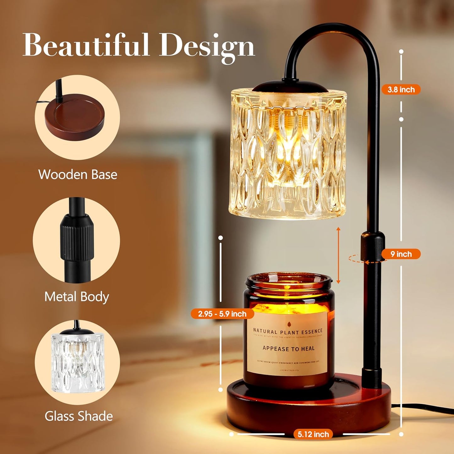 Dimmable Candle Warmer Lamp with Timer, Height Adjustable Electric Candle Wax Warmer, Christmas Birthday Gifts for Women Mom, House Warming Gifts New Home Room Decor, Walnut Solid Wood Base