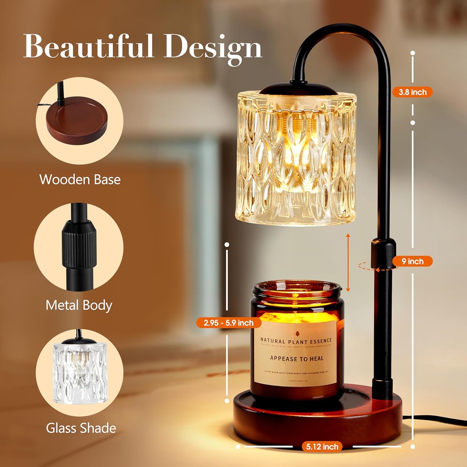 Dimmable Candle Warmer Lamp with Timer, Height Adjustable Electric Candle Wax Warmer, Christmas Birthday Gifts for Women Mom, House Warming Gifts New Home Room Decor, Walnut Solid Wood Base