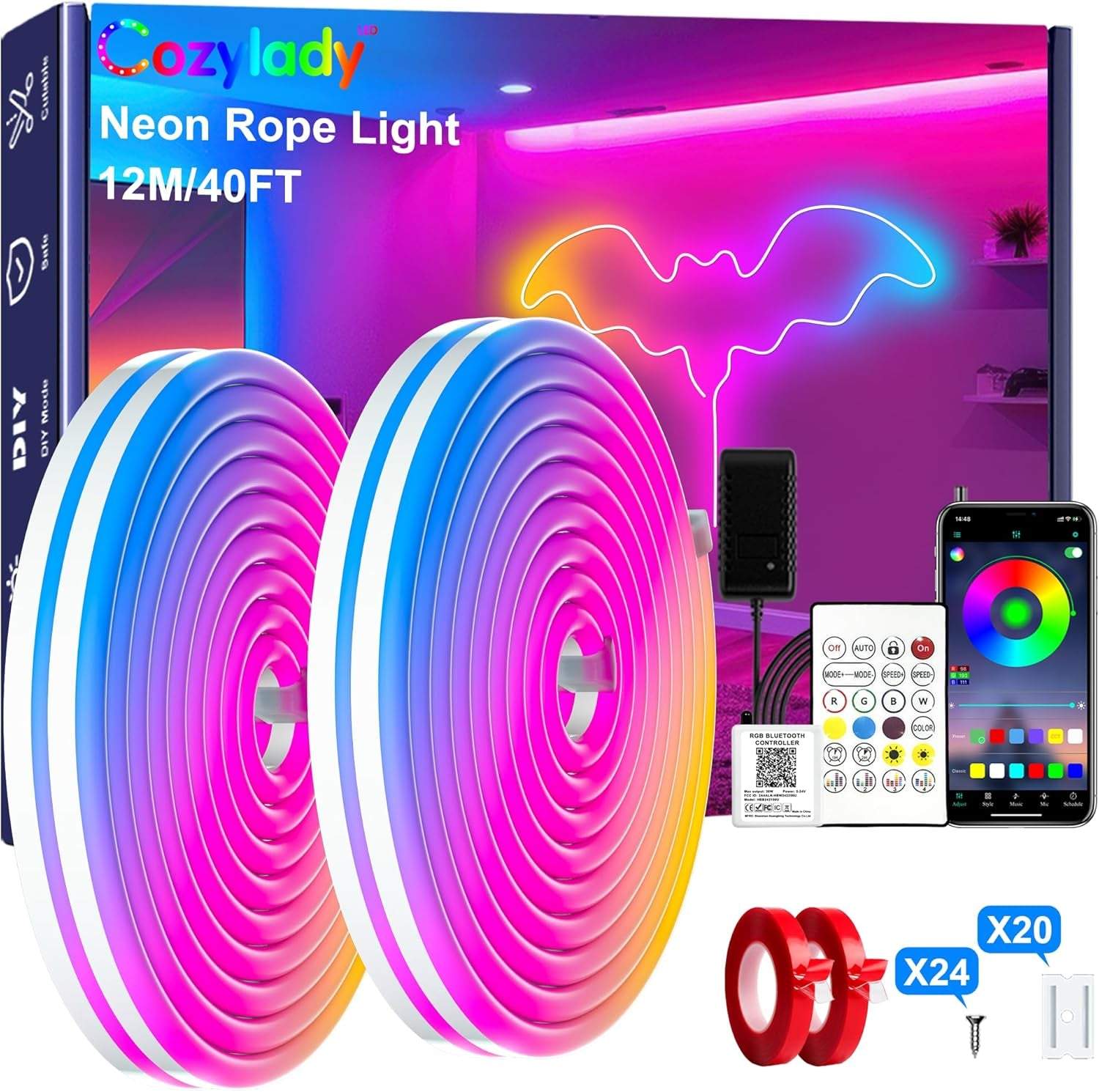 12M(2 Roll 6M) RGB Neon Lights LED Rope Light,40Ft Waterproof Bluetooth APP Remote Control Music Sync Strip Light,24V Flexible DIY Silicone Light for Bedroom Home Indoor Outdoor Decor(40Ft)