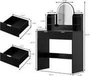 Makeup Vanity Desk with Mirror and Lights, Black Vanity Table with 2 Drawers & Open Storage Shelves, Fluted Vanity Bedroom Makeup Dressing Table Set for Women Girls