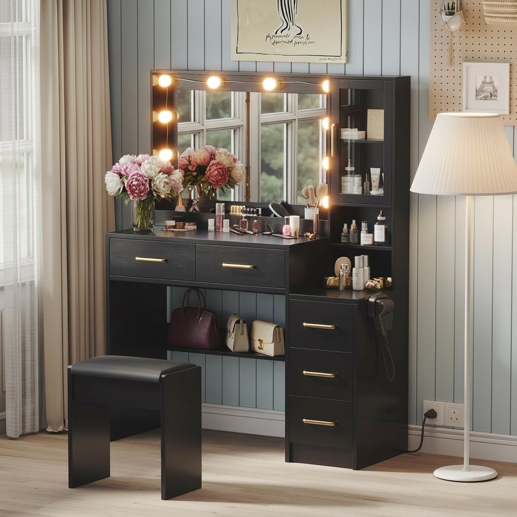 Makeup Vanity with Lights & Charging Station, Black Vanity Table with 5 Drawers & Open Storage Shelves, Bedroom Makeup Dressing Table Set for Women Girls Golden Handles