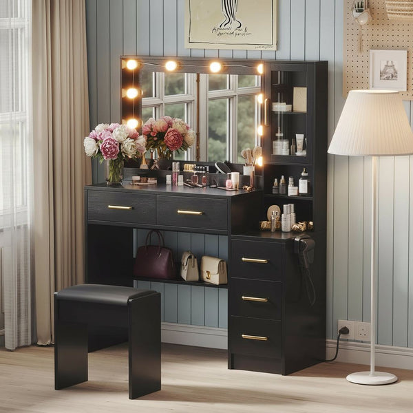 Makeup Vanity with Lights & Charging Station, Black Vanity Table
