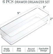 Simplesort 6-Piece Stackable Clear Drawer Organizer Set | 9" X 3" X 2" Rectangle Trays | Narrow Makeup Vanity Storage Bins and Office Desk Drawer Dividers | Made in USA