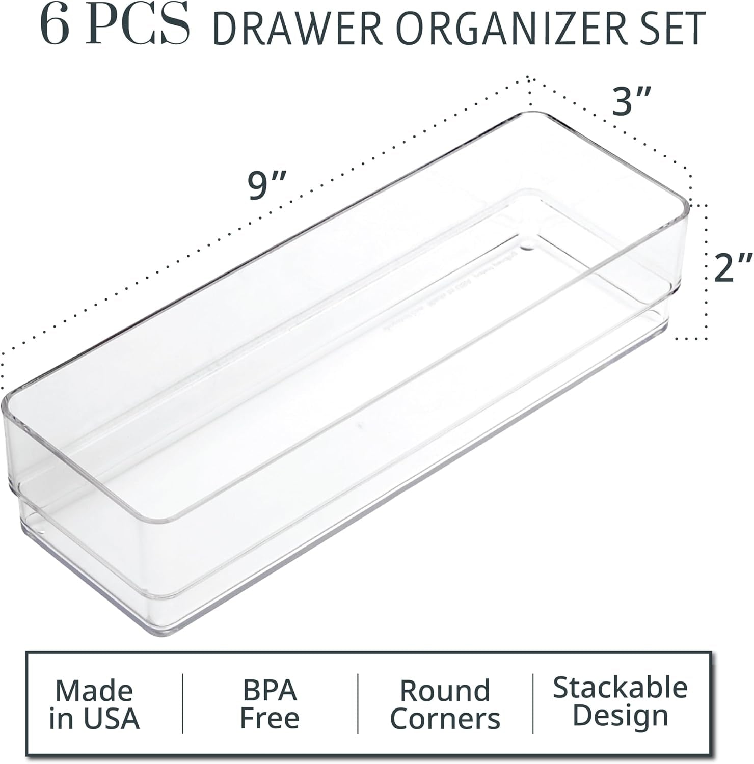 Simplesort 6-Piece Stackable Clear Drawer Organizer Set | 9" X 3" X 2" Rectangle Trays | Narrow Makeup Vanity Storage Bins and Office Desk Drawer Dividers | Made in USA