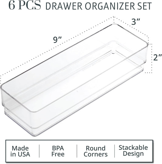 Simplesort 6-Piece Stackable Clear Drawer Organizer Set | 9" X 3" X 2" Rectangle Trays | Narrow Makeup Vanity Storage Bins and Office Desk Drawer Dividers | Made in USA