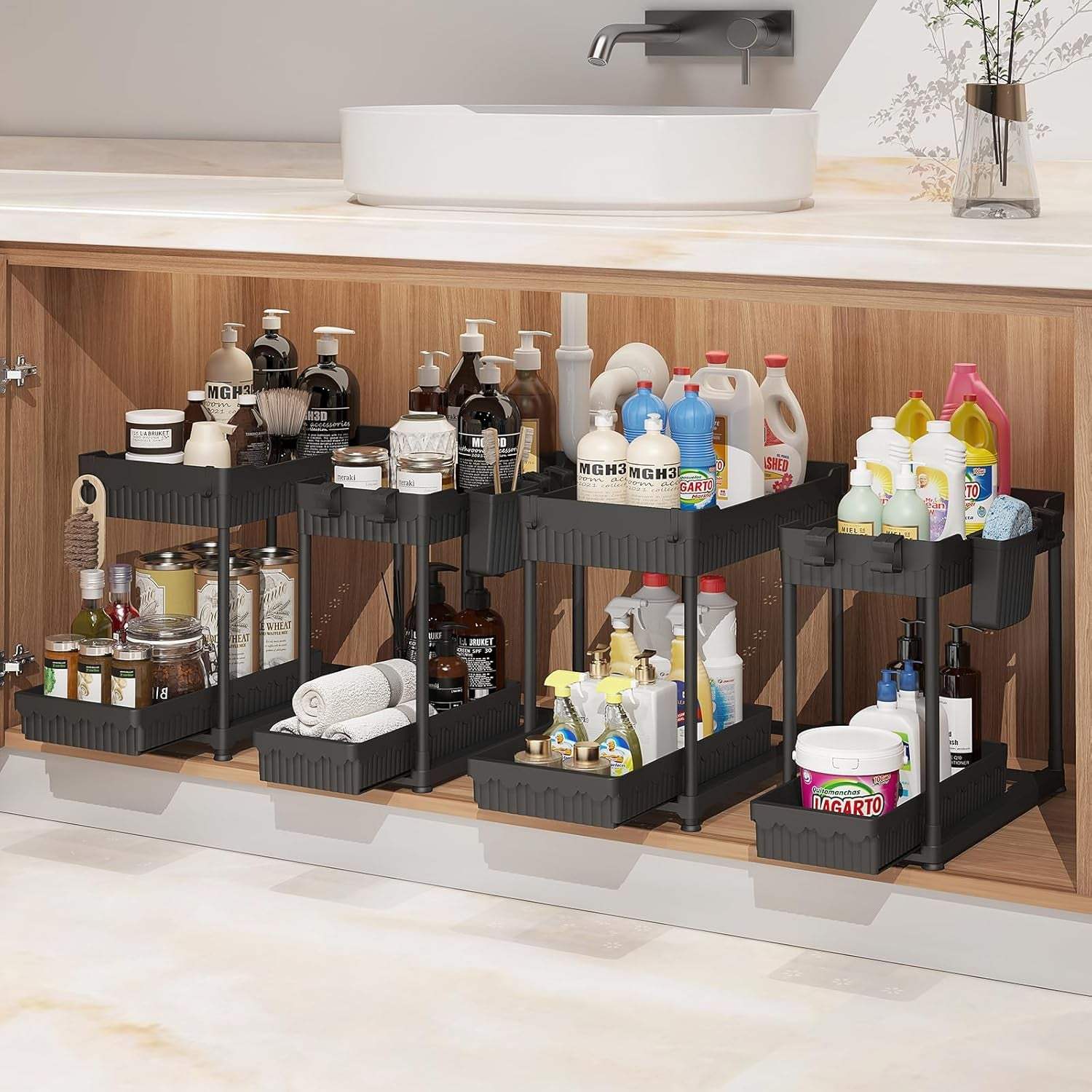4 pack black under sink organizers with pull out drawers, hooks, and cups for bathroom storage