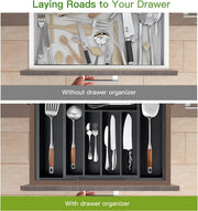 Bamboo Expandable Drawer Organizer for Utensils Holder, Adjustable Cutlery Tray, Wood Drawer Dividers Organizer for Silverware, Flatware, Knives in Kitchen, Bedroom, Living Room (Black)