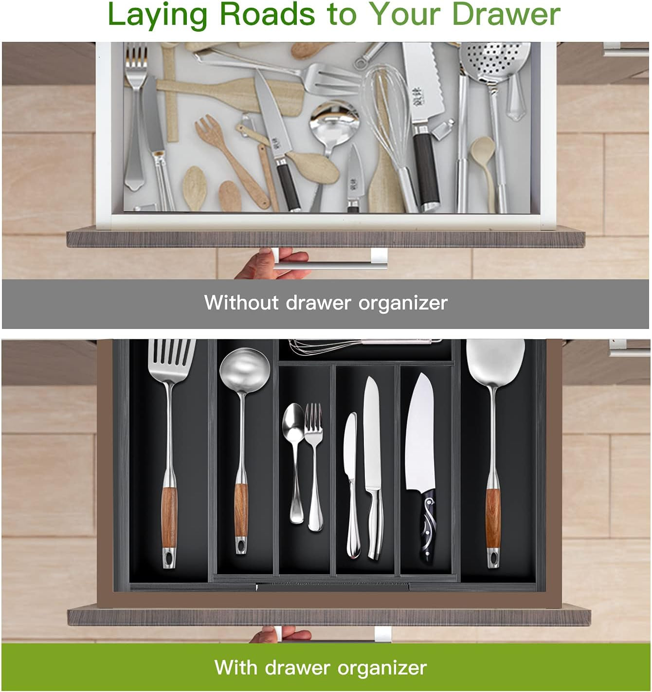 Bamboo Expandable Drawer Organizer for Utensils Holder, Adjustable Cutlery Tray, Wood Drawer Dividers Organizer for Silverware, Flatware, Knives in Kitchen, Bedroom, Living Room (Black)