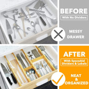 Bamboo Drawer Dividers with Inserts and Labels, Kitchen Adjustable Drawer Organizers, Expandable Organization for Home, Office, Dressers, 4 Dividers with 9 Inserts (17"-22" Natural)