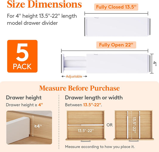 5 Pack 4" High Drawer Dividers 34-56Cm/13.5-22" Adjustable Drawer Organizer for Clothes/Utensils, Expandable Drawer Separator in Dresser/Kitchen/Bedroom/Office Organization & Storage White