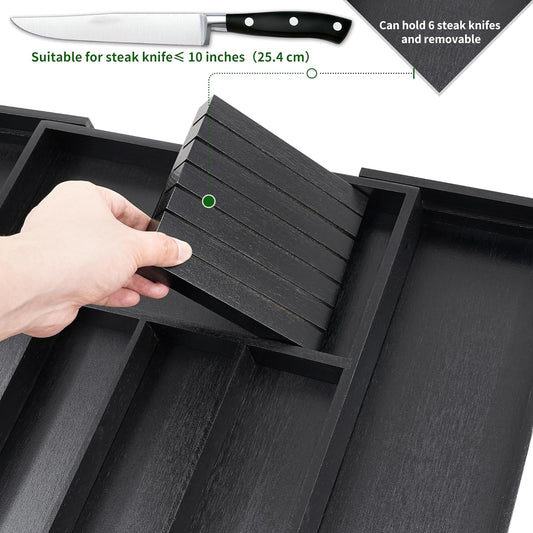 Bamboo Silverware Drawer Organizer Kitchen, Expandable Utensil Organizer with Knife Block, Cutlery Tray with Divider, Multifunctional Drawer Organizer (Black)