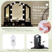 Vanity Desk with Lights - Makeup Vanity Table with Tri-Fold Mirror, 10 Adjustable Hollywood LED Lights, 4 Storage Drawers, Bedroom Makeup Dressing Table with Lighted Mirror and Stool (Black)