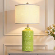 Light green ceramic table lamp with white linen shade and 3-way dimmable LED bulb