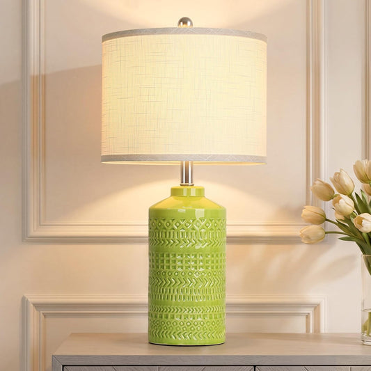 Light Green Ceramic Table Lamp 25 Inch 3-Way Dimmable Nightstand Lamp with White Linen Shade Bedside Lamp for Living Room Bedroom Office Reading (Bulb Included)