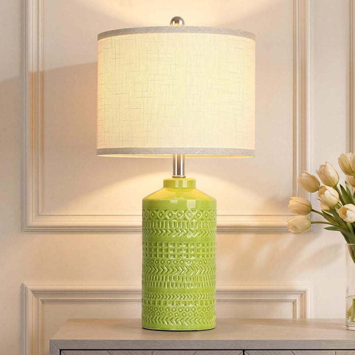 Light green ceramic table lamp with white linen shade and 3-way dimmable LED bulb