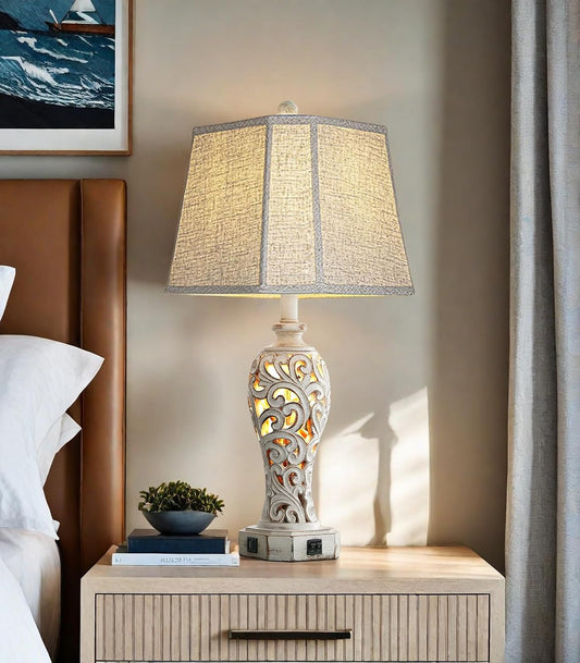 25'' Farmhouse Table Lamp for Living Room Bedroom with USB C+A | Vintage Rustic Nightstand Desk Lamp with Nightlight, White Hollow Out Resin Lamp for End Table (Bulb Included)
