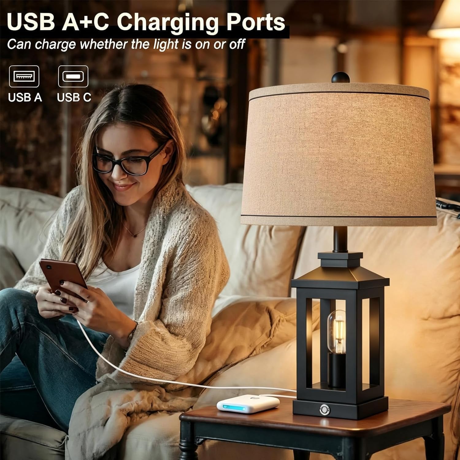 23.75" Retro Farmhouse Black Table Lamp for Living Room Bedroom Nightstand Single Pack Touch Control Bedside Nightlight Vintage Modern Lamp with USB C+A Ports and 2 Light Sources