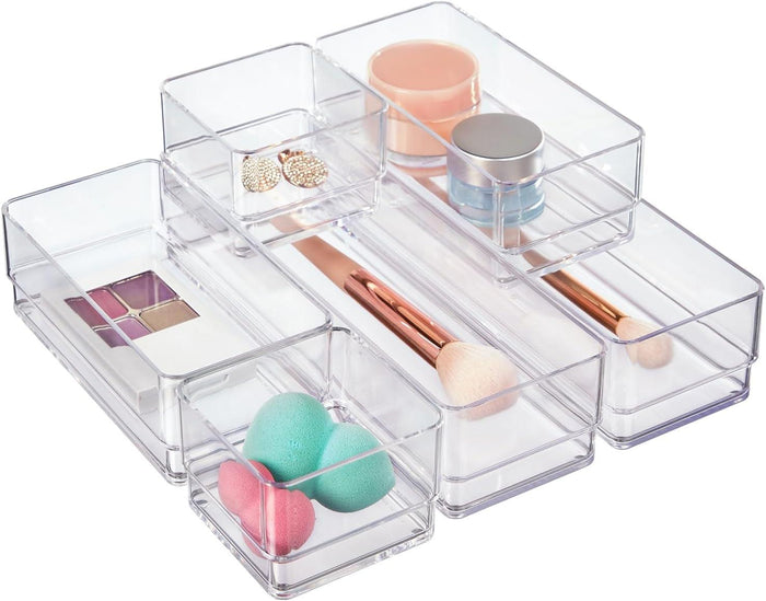 Clear Simplesort drawer organizer bins set in multiple sizes for bathroom, makeup, and desk organization, made in USA