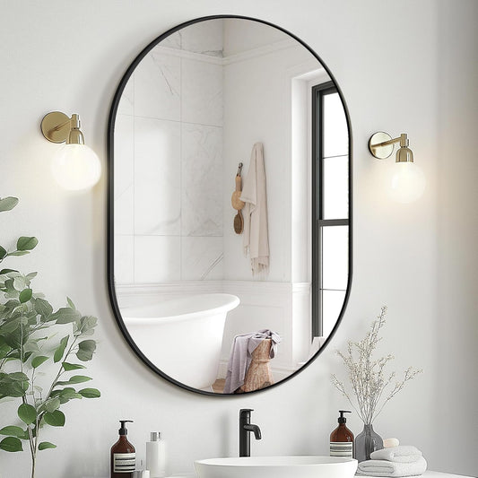 Bathroom Vanity Mirror for Wall, 36''X24'' Black Oval Bathroom Mirror for over Sink, Bedroom, Living Room, Entryway, HD Tempered Glass, Wall Mounted Horizontally or Vertically
