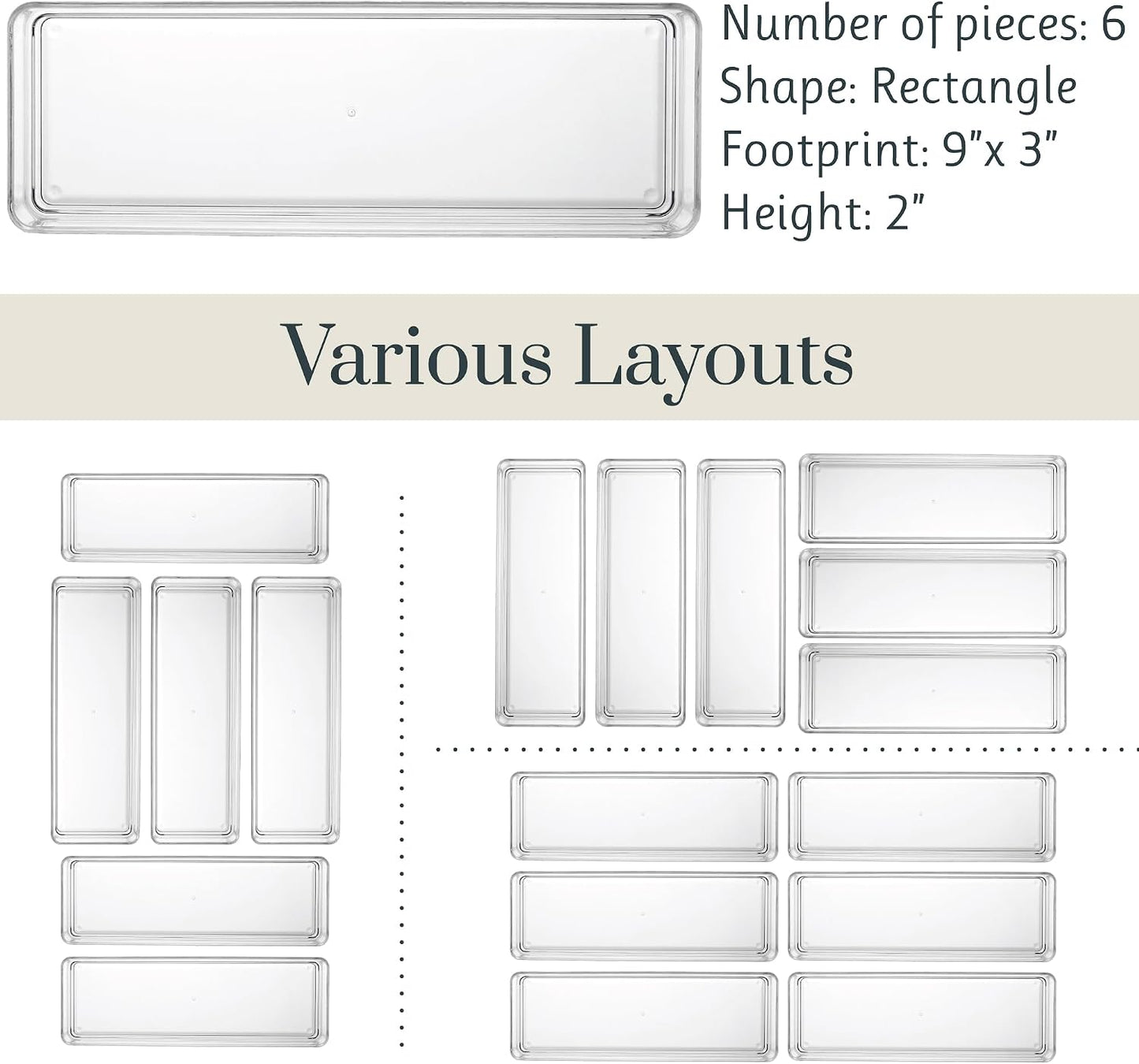 Simplesort 6-Piece Stackable Clear Drawer Organizer Set | 9" X 3" X 2" Rectangle Trays | Narrow Makeup Vanity Storage Bins and Office Desk Drawer Dividers | Made in USA