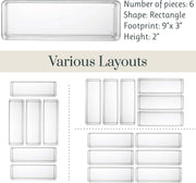 Simplesort 6-Piece Stackable Clear Drawer Organizer Set | 9" X 3" X 2" Rectangle Trays | Narrow Makeup Vanity Storage Bins and Office Desk Drawer Dividers | Made in USA