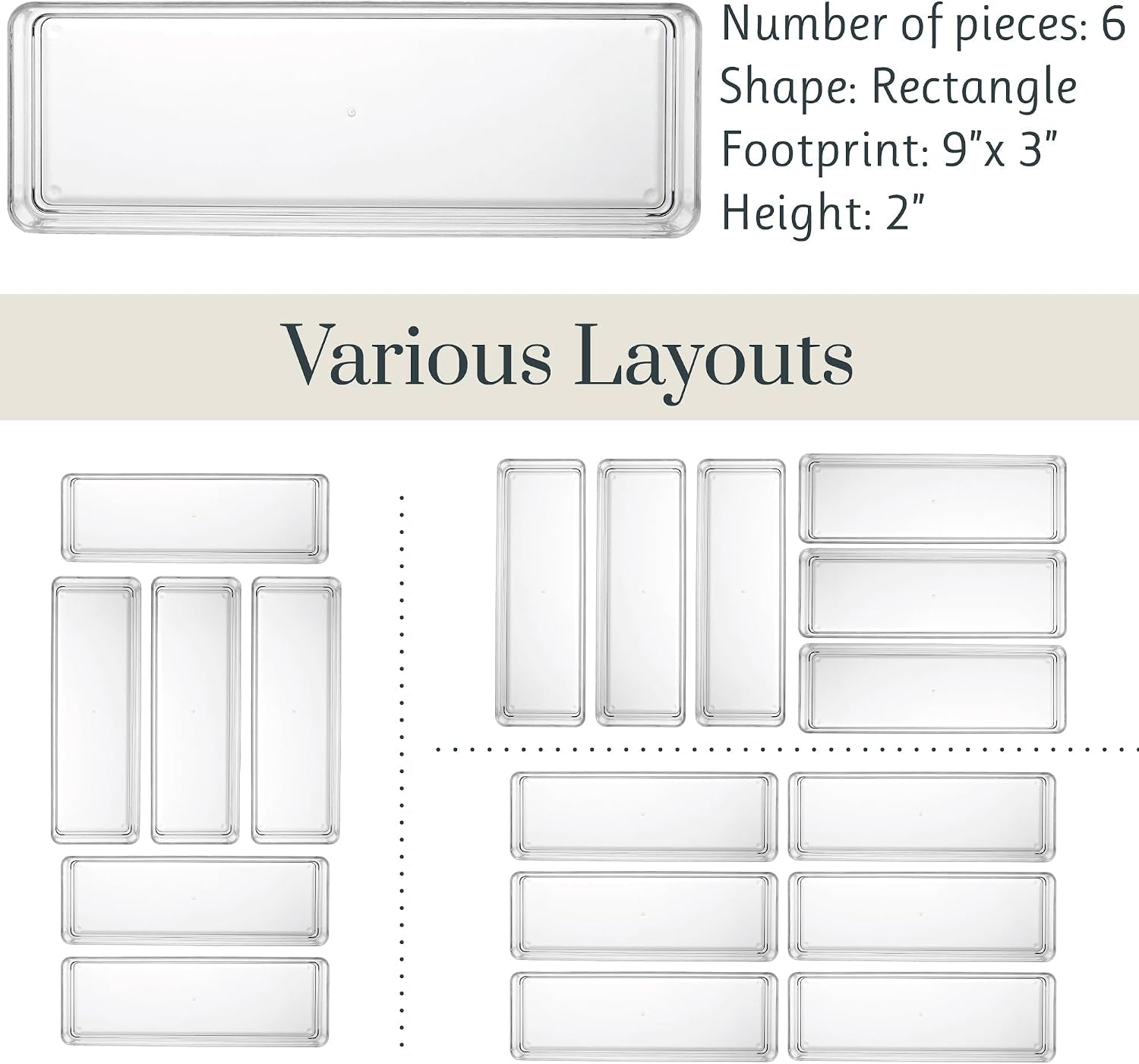 Simplesort 6-Piece Stackable Clear Drawer Organizer Set | 9" X 3" X 2" Rectangle Trays | Narrow Makeup Vanity Storage Bins and Office Desk Drawer Dividers | Made in USA