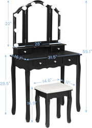 Vanity Desk, Makeup Vanity with Lighted Tri-Fold Mirror and Stool, Vanity Set with 5 Drawers, 3 Light Settings & Adjustable Brightness, Black