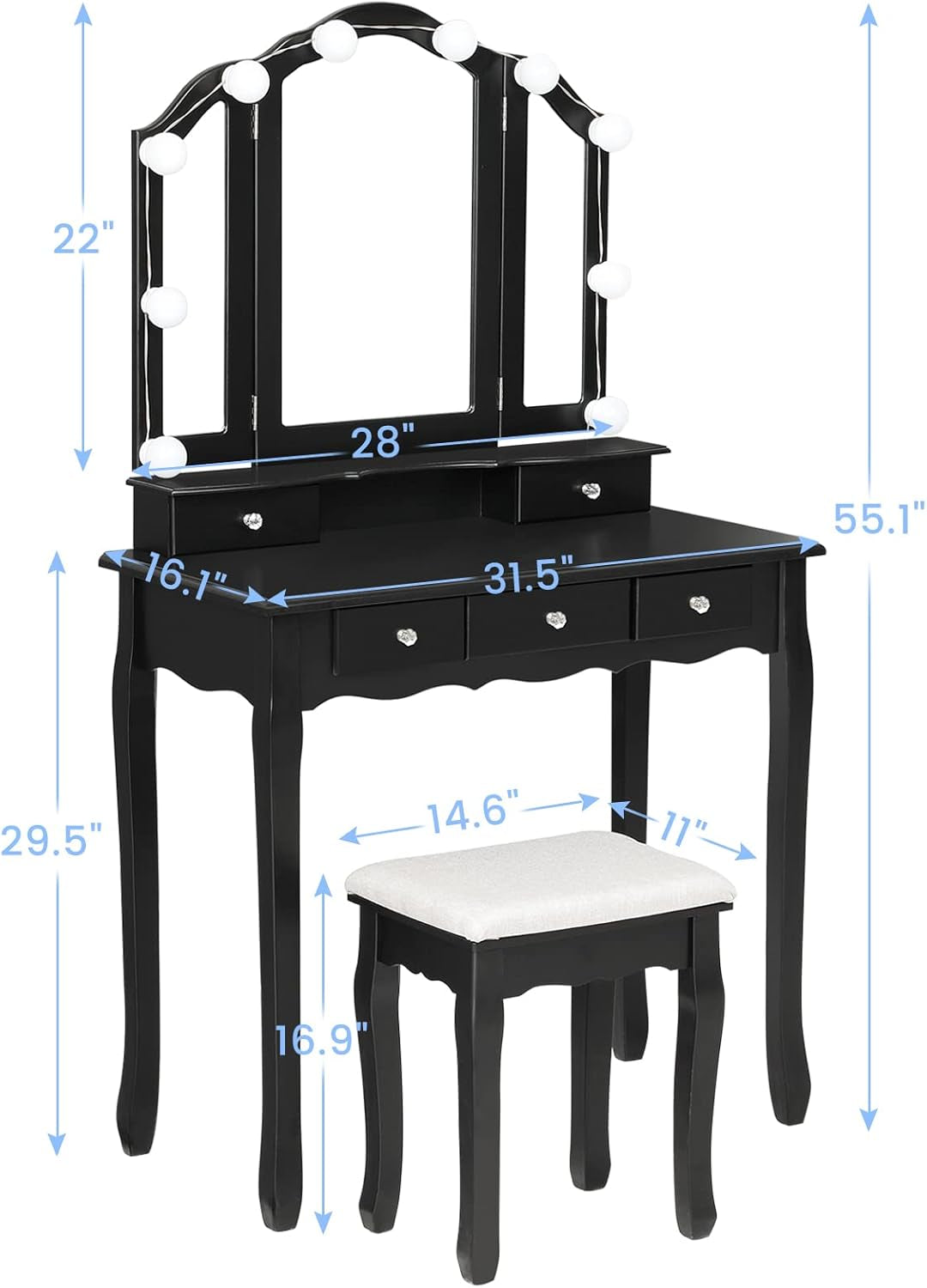 Vanity Desk, Makeup Vanity with Lighted Tri-Fold Mirror and Stool, Vanity Set with 5 Drawers, 3 Light Settings & Adjustable Brightness, Black