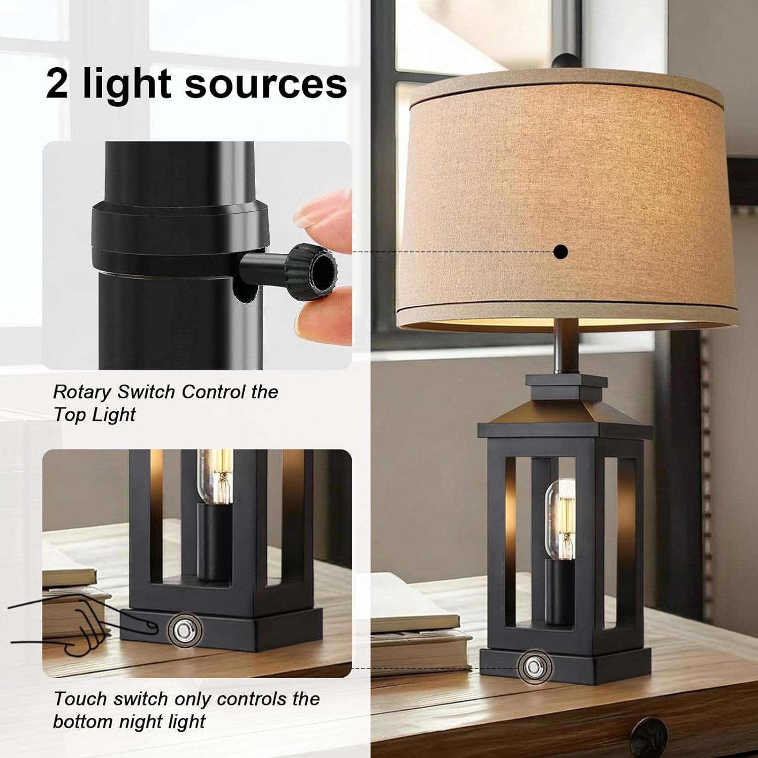 23.75" Retro Farmhouse Black Table Lamp for Living Room Bedroom Nightstand Single Pack Touch Control Bedside Nightlight Vintage Modern Lamp with USB C+A Ports and 2 Light Sources
