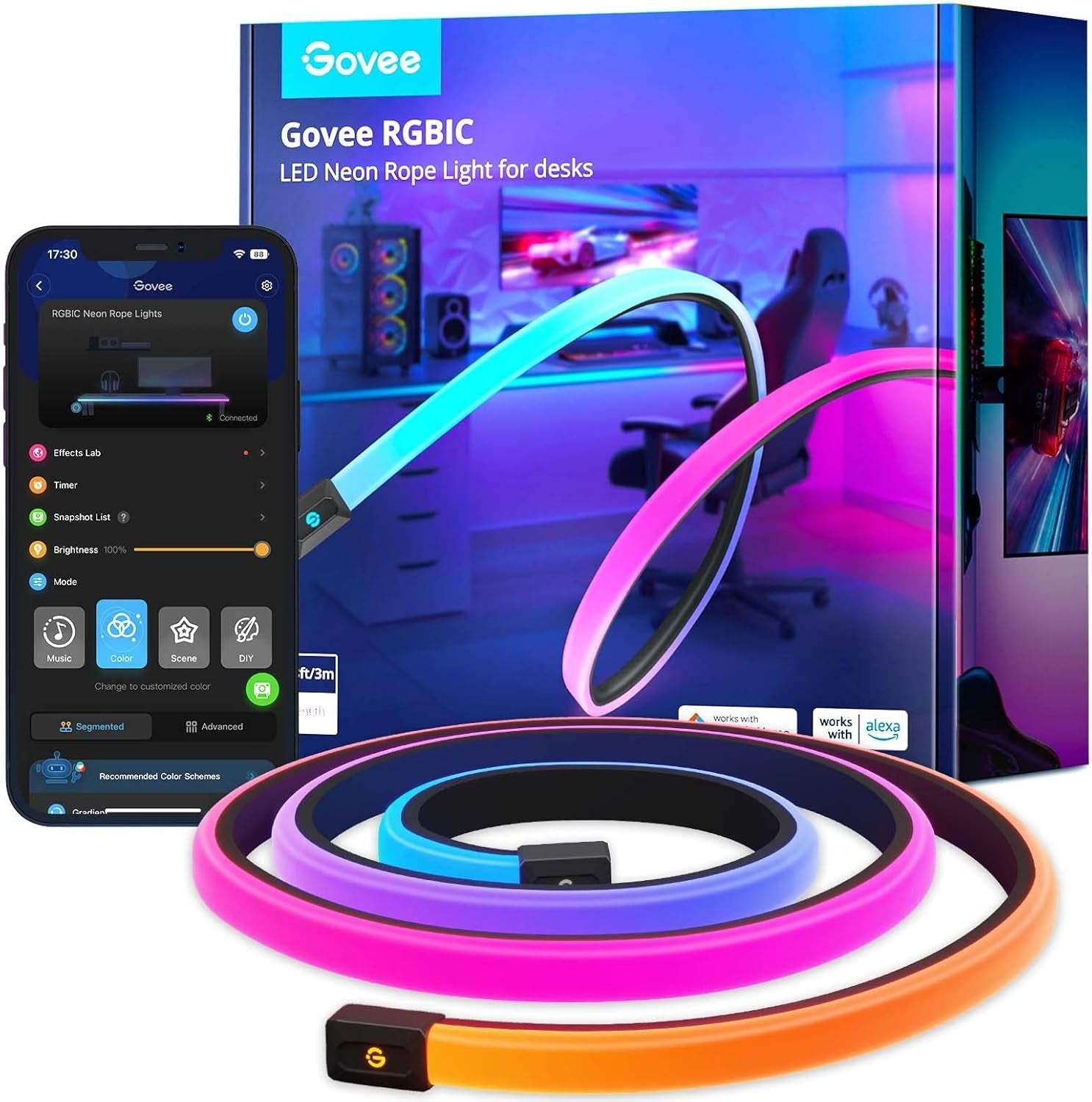 Govee RGBIC Gaming Lights 10ft LED neon rope light strip with soft glow on gaming desk edges