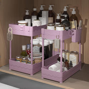 2 Pack under Sink Organizer, under Bathroom Cabinet Organizer with Hooks Hanging Cup, Multi-Purpose Storage Shelf for Kitchen Bathroom (Pink, 12.8 Inch)