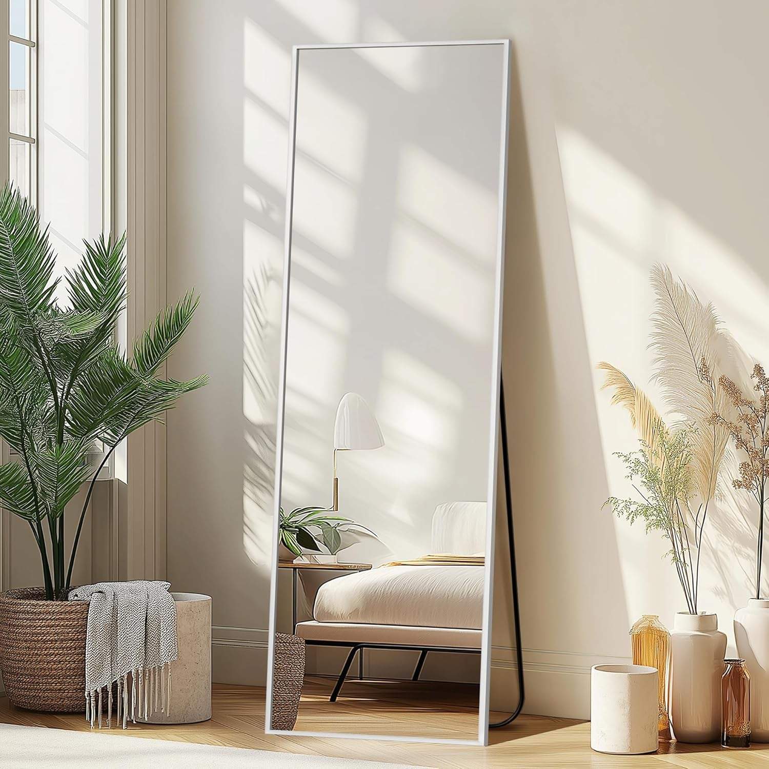 Full Length Mirror,Large Floor Mirror with Aluminum Frame for Bedroom, Bathroom, Living Room,Wall Mount or Freestanding Design, Silver, 56" L X 15" W X 1Pcs